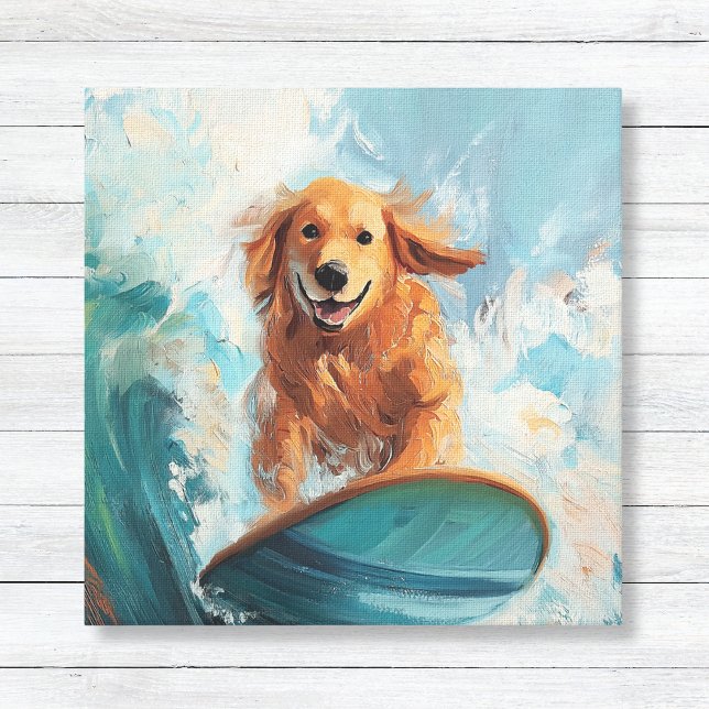 Golden Retriever Coastal Kinder Kunst Leinwanddruck (Kids Coastal Decor Wall Art Canvas - Golden Retriever Dog Surfing a Blue Wave)