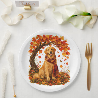 Golden Retriever Cozy Autumn Thanksgiving Pappteller