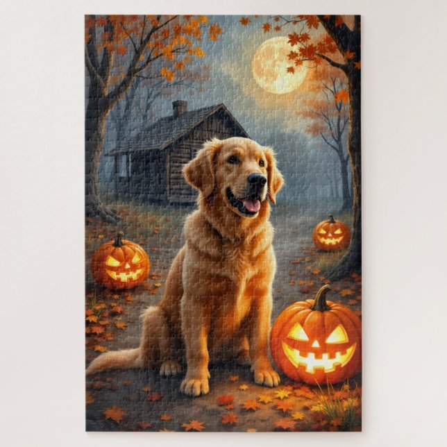 Golden Retriever Cozy Forest Halloween Kunst Puzzle (Vertikal)