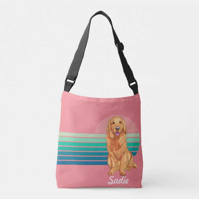 Golden Retriever Custom Name Retro Stripe Pink Tragetaschen Mit Langen Trägern (Vorderseite)