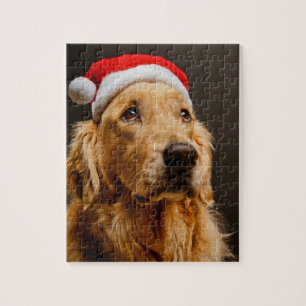 Golden retriever, das für sein Weihnachten Puzzle