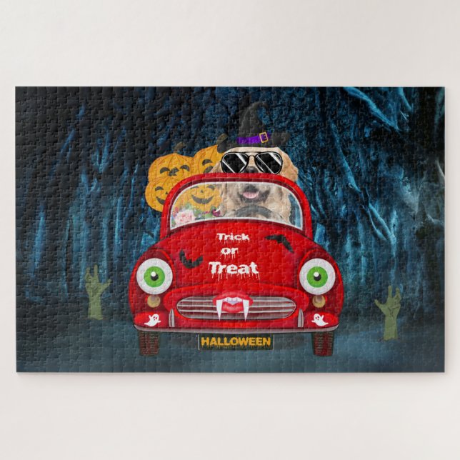 Golden Retriever Dog Driving Car Beängstigend Hall Puzzle (Horizontal)