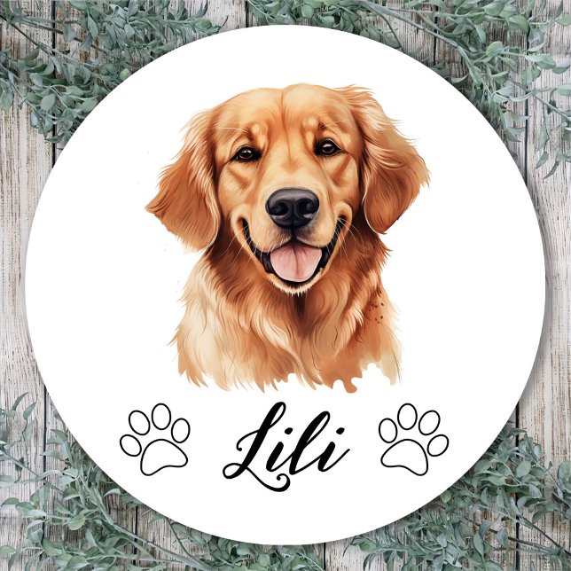 Golden Retriever Dog Hand Zeichnend Personalisiert Runder Aufkleber (Von Creator hochgeladen)