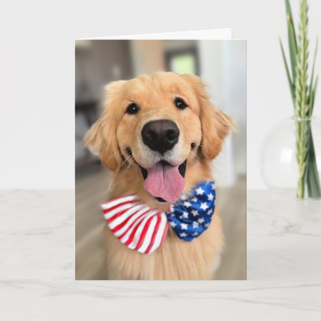 Golden Retriever Dog in Independence Day Bow Krawa Karte (Vorderseite)