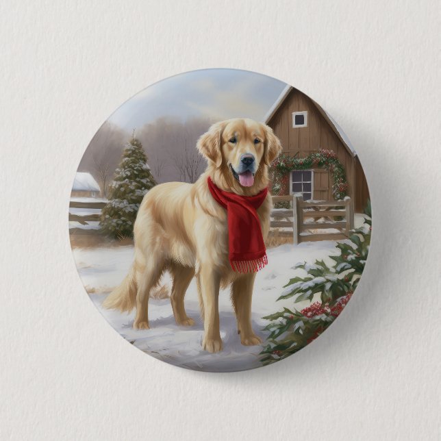 Golden Retriever Dog in Schnee Weihnachten Button (Vorderseite)