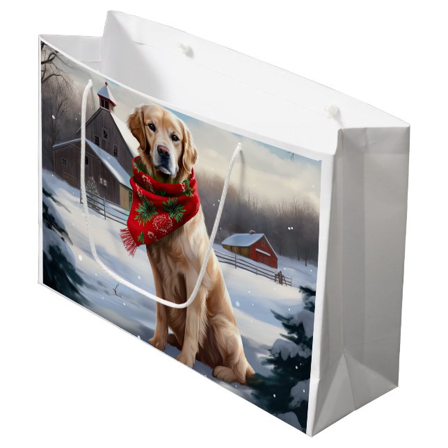 Golden Retriever Dog in Schnee Weihnachten Große Geschenktüte (Vorderseite Schrägansicht)
