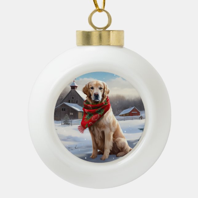 Golden Retriever Dog in Schnee Weihnachten Keramik Kugel-Ornament (Vorderseite)