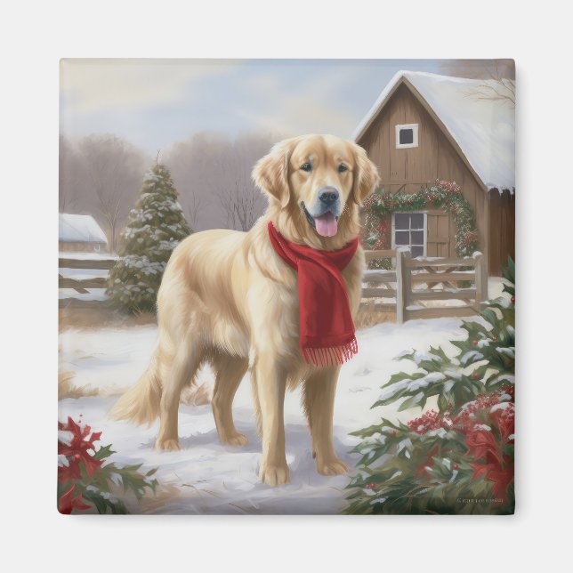 Golden Retriever Dog in Schnee Weihnachten Magnet (Vorne)