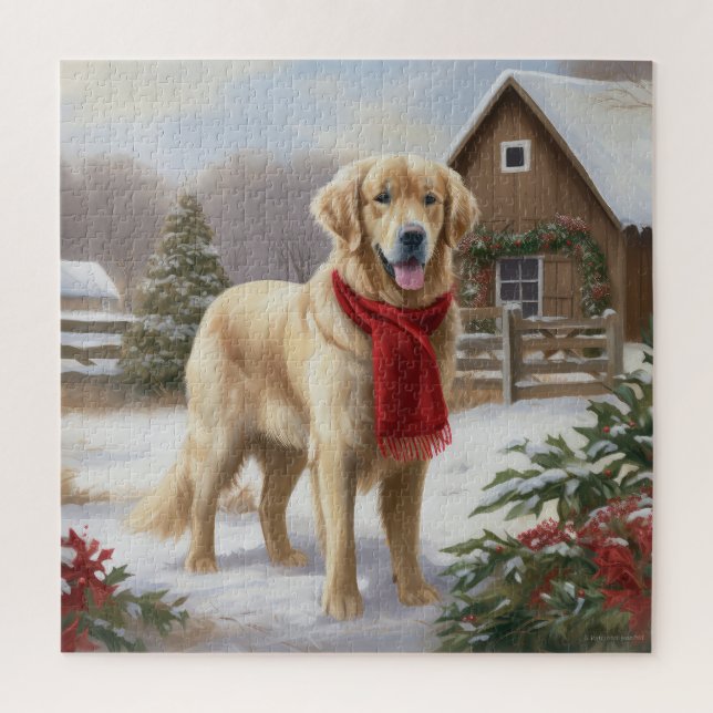 Golden Retriever Dog in Schnee Weihnachten Puzzle (Vertikal)
