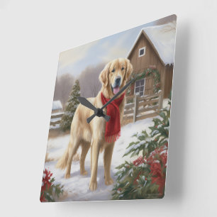 Golden Retriever Dog in Schnee Weihnachten Quadratische Wanduhr