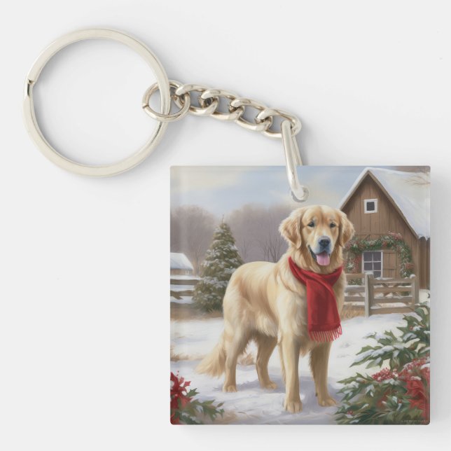 Golden Retriever Dog in Schnee Weihnachten Schlüsselanhänger (Vorderseite)