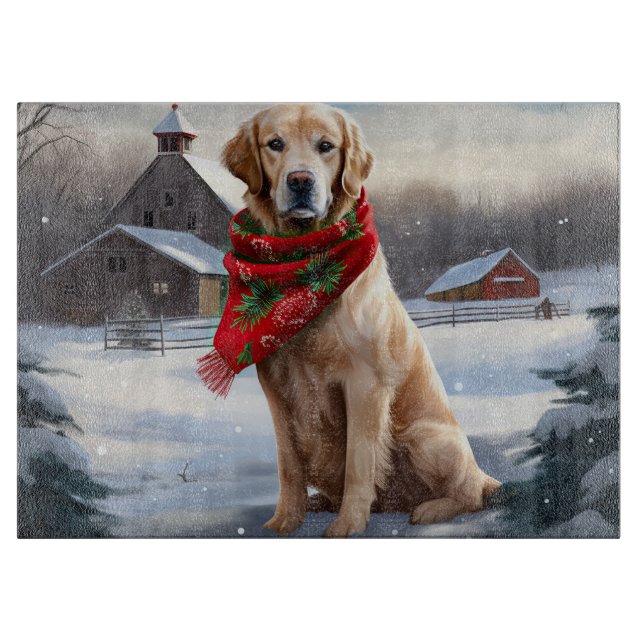 Golden Retriever Dog in Schnee Weihnachten Schneidebrett (Vorderseite)