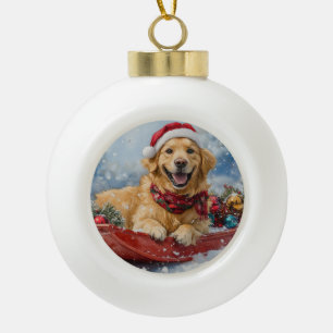 Golden Retriever Dog in Sledge Snow Weihnachten Keramik Kugel-Ornament