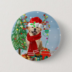 Golden Retriever Dog in Snow mit Weihnachtsgeschen Button