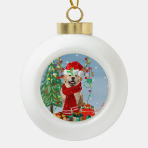 Golden Retriever Dog in Snow mit Weihnachtsgeschen Keramik Kugel-Ornament