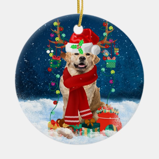 Golden Retriever Dog in Snow mit Weihnachtsgeschen Keramik Ornament (Vorne)