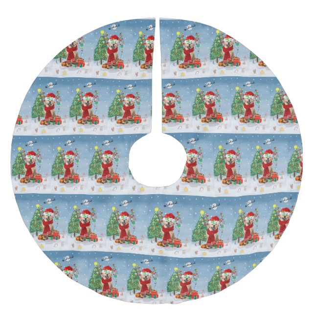 Golden Retriever Dog in Snow mit Weihnachtsgeschen Polyester Weihnachtsbaumdecke (Vorderseite)