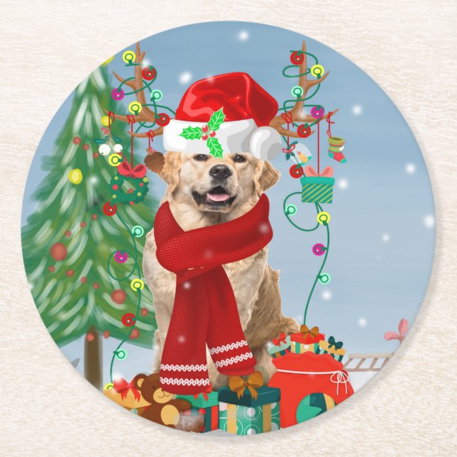 Golden Retriever Dog in Snow mit Weihnachtsgeschen Runder Pappuntersetzer (Vorderseite)