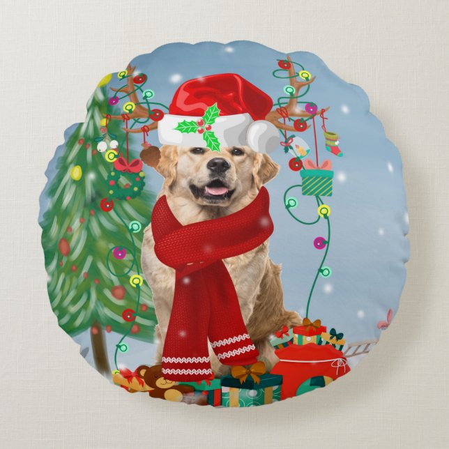 Golden Retriever Dog in Snow mit Weihnachtsgeschen Rundes Kissen (Vorderseite)