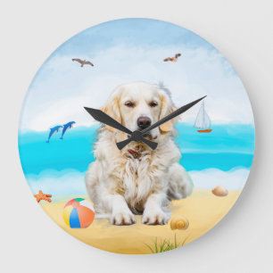 Golden Retriever Dog on Beach Große Wanduhr