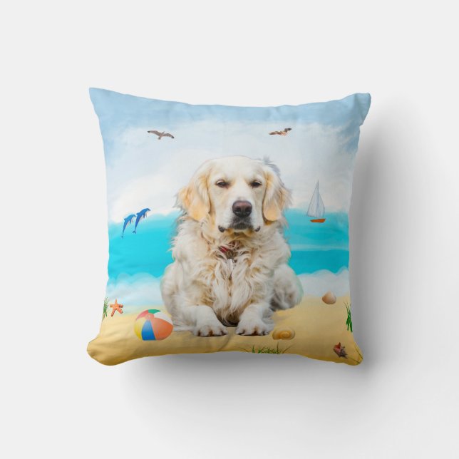 Golden Retriever Dog on Beach Kissen (Vorderseite)