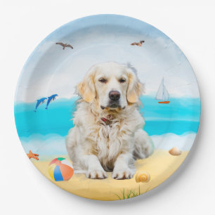 Golden Retriever Dog on Beach Pappteller