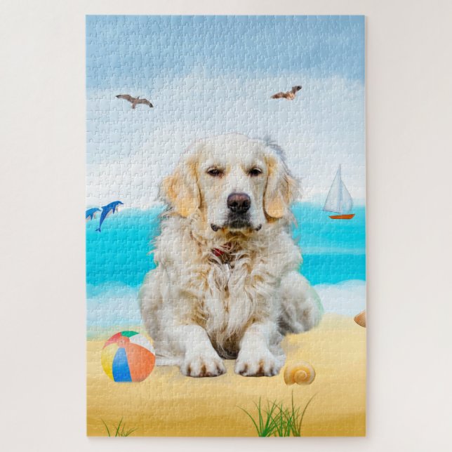 Golden Retriever Dog on Beach Puzzle (Vertikal)