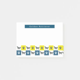 Golden Retriever Dog & Paw Yellow & Blue Grid Post-it Klebezettel