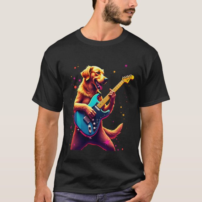 Golden Retriever dog Playing Electric Guitar Rock  T-Shirt (Vorderseite)