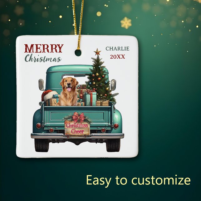 Golden Retriever Dog Retro LKW Weihnachten Keramikornament (Von Creator hochgeladen)