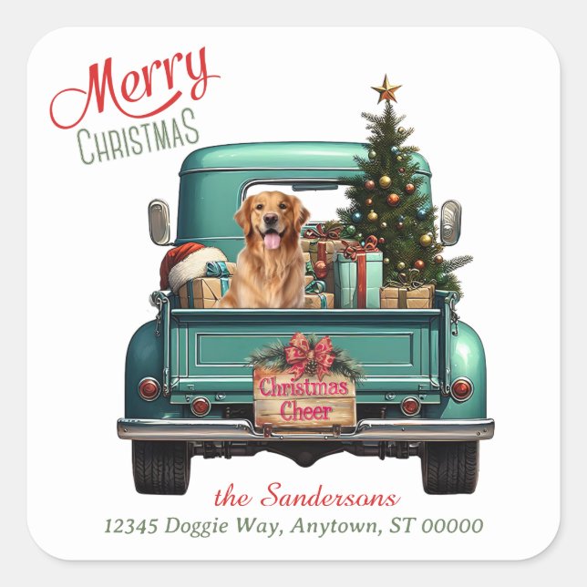 Golden Retriever Dog Retro LKW Weihnachten Quadratischer Aufkleber (Vorderseite)