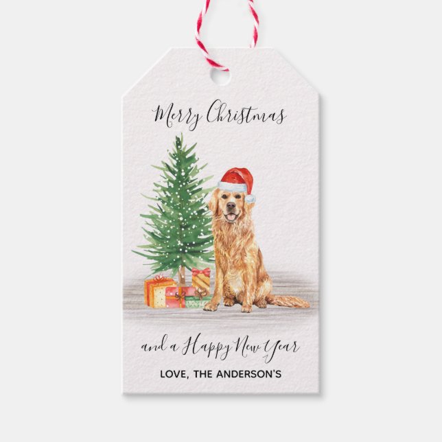 Golden Retriever Dog Santa Tree Frohe Weihnachten Geschenkanhänger (Vorderseite)