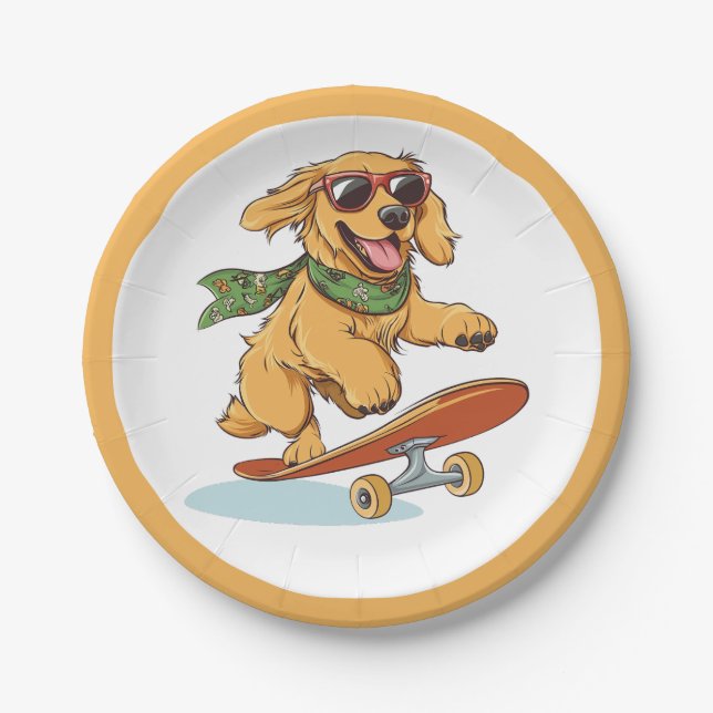Golden Retriever Dog Skateboarding Pappteller (Vorderseite)