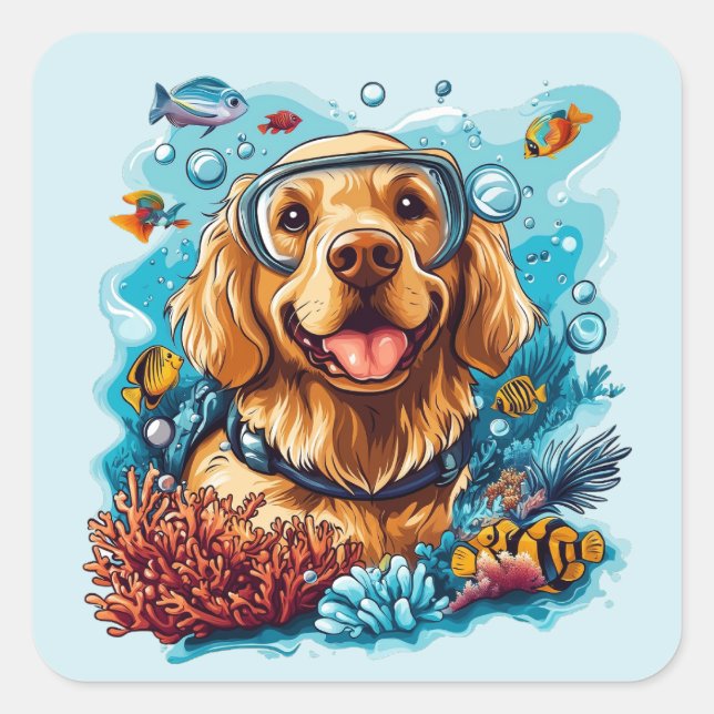 Golden Retriever Dog Snorkeling Coral Reef Quadratischer Aufkleber (Vorderseite)