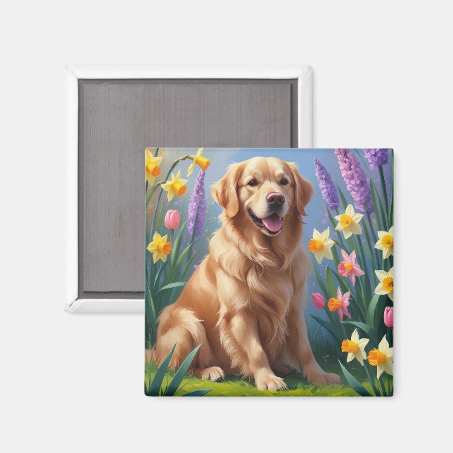 Golden Retriever Dog Spring Blumen Malerei Magnet (Vorderseite/Rückseite)
