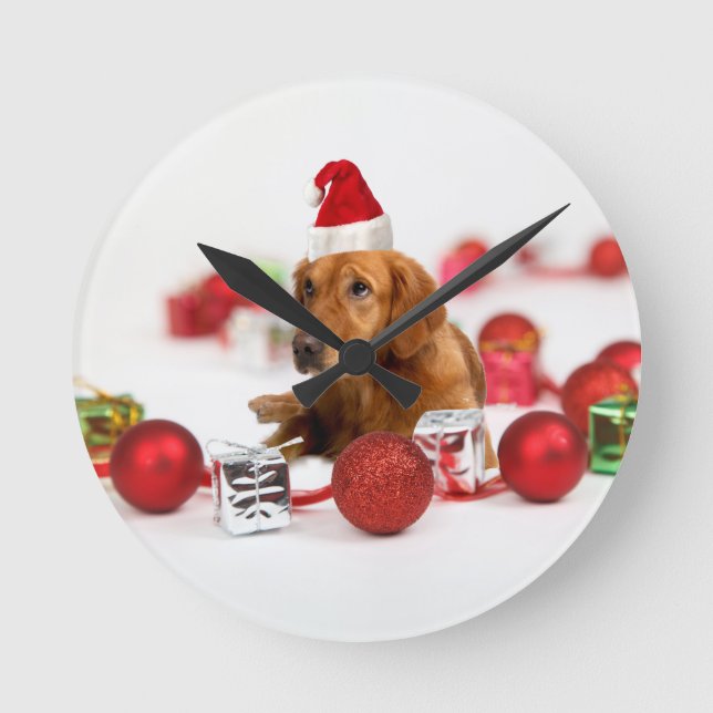 Golden Retriever Dog W Rote Weihnachtsmannmütze We Runde Wanduhr (Vorderseite)