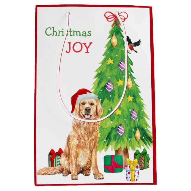 Golden Retriever Dog Weihnachtsmannmütze und Weihn Mittlere Geschenktüte (Vorderseite)