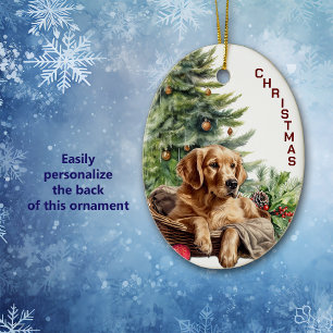 Golden Retriever Dog Wicker Korb Weihnachten Keramik Ornament