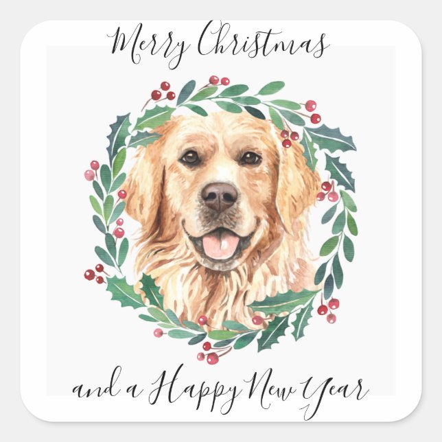 Golden Retriever Elegante Dog Frohe Weihnachten Quadratischer Aufkleber (Vorderseite)