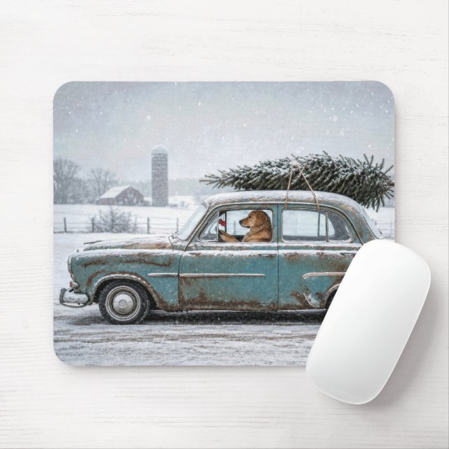 Golden Retriever fährt Retro-Auto mit Tannenbaum Mousepad (Mit Mouse)