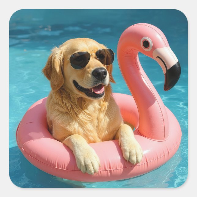 Golden Retriever Floating On a Flamingo Pool Toy Quadratischer Aufkleber (Vorderseite)