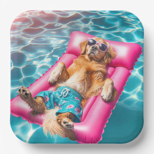 Golden Retriever Floating on Pool Matratze Pappteller