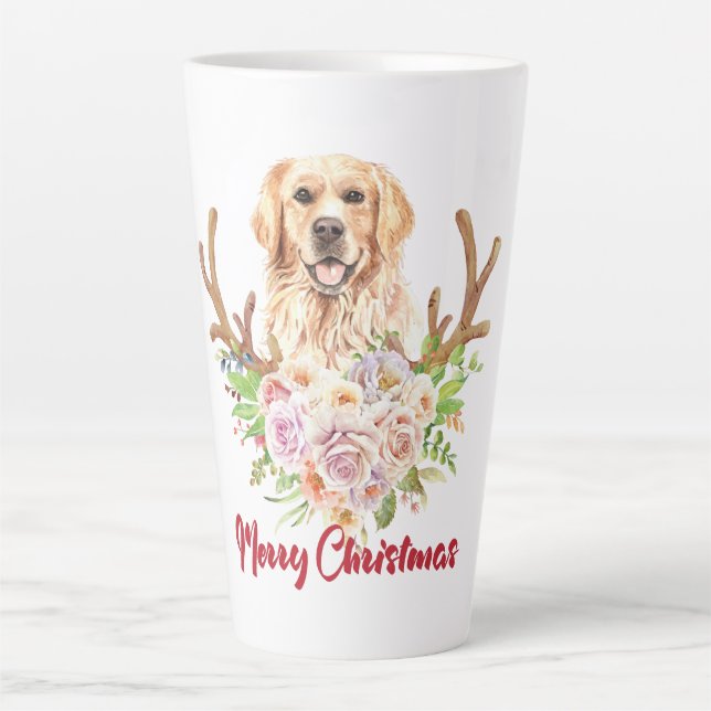 Golden Retriever Floral Frohe Weihnachten Milchtasse (Vorderseite)