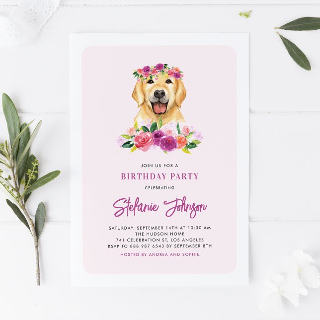 Golden Retriever Floral Hund Geburtstag Einladung (Von Creator hochgeladen)