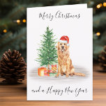 Golden Retriever Frohe Weihnachtszeit Weihnachtsma Feiertagskarte<br><div class="desc">Schick Weihnachten Grüße in dieser Weihnachtszeit mit dieser fröhlichen Weihnachts-Golden Retriever Santa Hundeschartkarte und dem passenden Dekor. Diese goldene Vergeltungskarte verfügt über einen Aquarellhund in einer Weihnachtsmannmütze und einem Baum. Personalisieren Sie Ihre Nachricht und Ihren Familiennamen. Diese goldene Weihnachtskarte wird bei Golden Retriever Liebhabern, Hundefreunden und Tierliebhabern beliebt sein. Besuchen...</div>