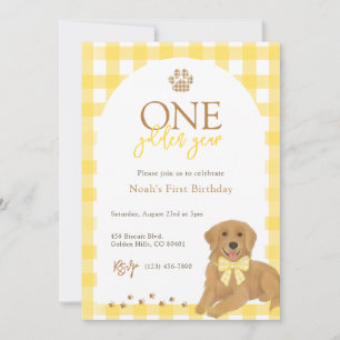 Golden Retriever Gelber Gingham Erster Geburtstag Einladung
