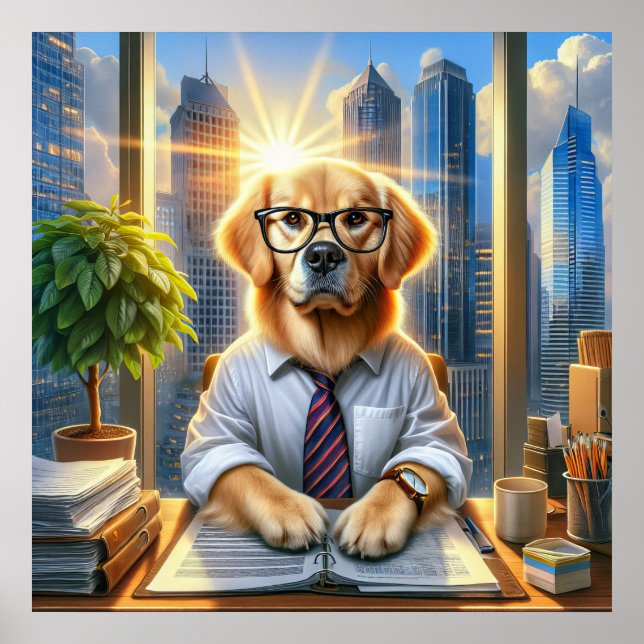 Golden Retriever Geschäftsmann im Büro Poster (Vorne)