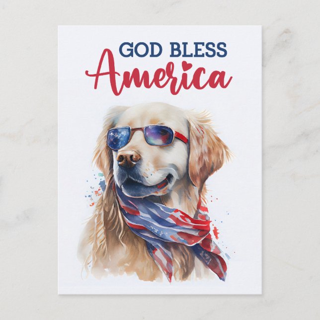 Golden Retriever, Gott segne Amerika Postkarte (Vorderseite)