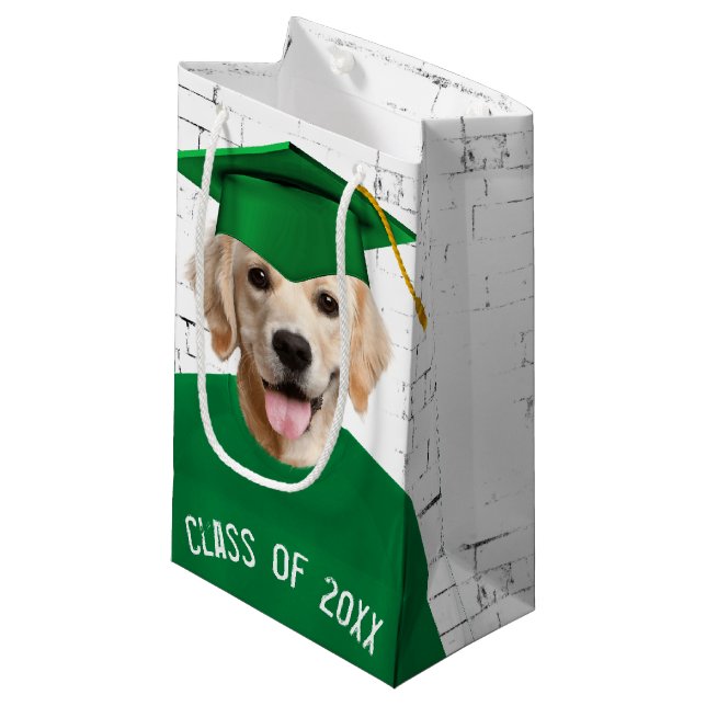 Golden Retriever Graduate with Green Cap Kleine Geschenktüte (Vorderseite Schrägansicht)