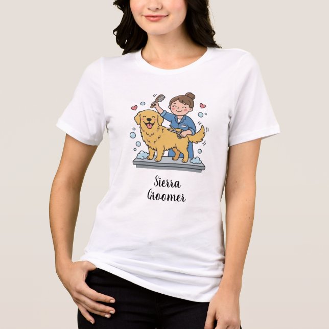 Golden Retriever Groomer Blue Uniform Cartoon Art Tri-Blend Shirt (Vorderseite)